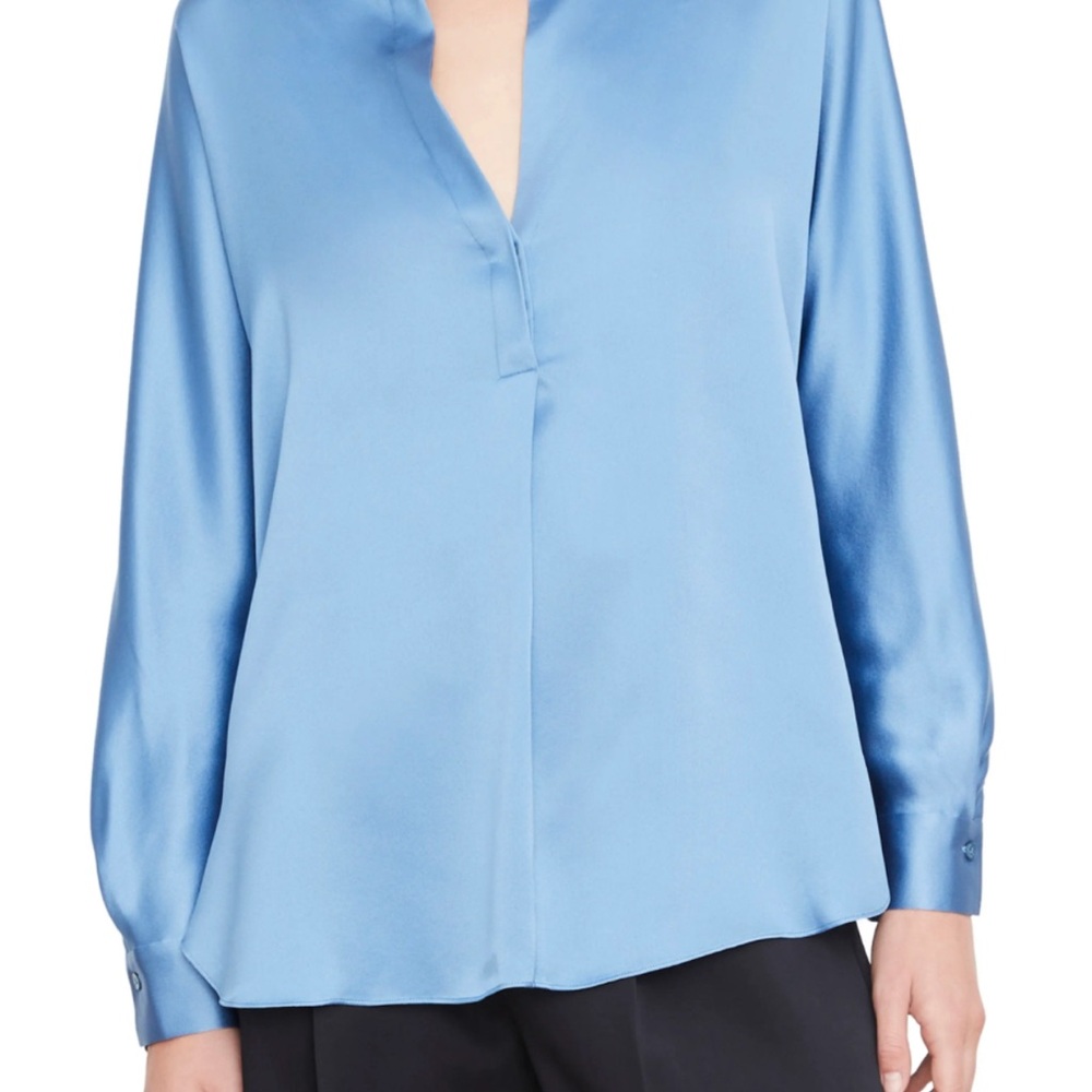 Vince 100% Silk Blue Relaxed Long Sleeve Blouse with Mandarin Collar